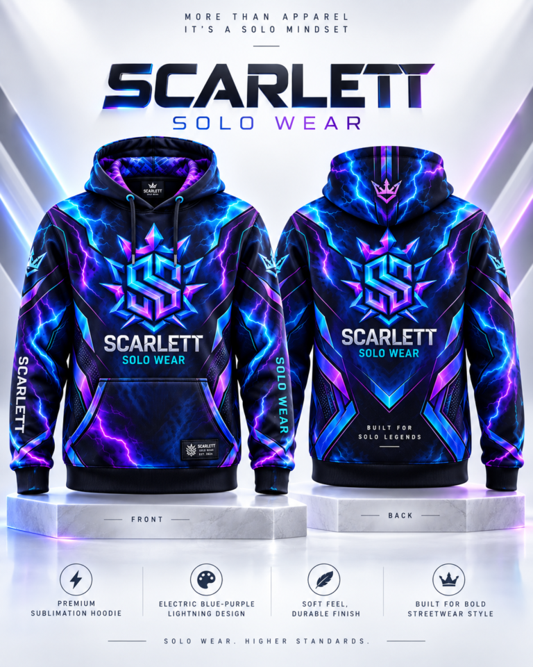 SCARLETT SOLO WEAR electric lightning sublimation hoodie front and back product sheet