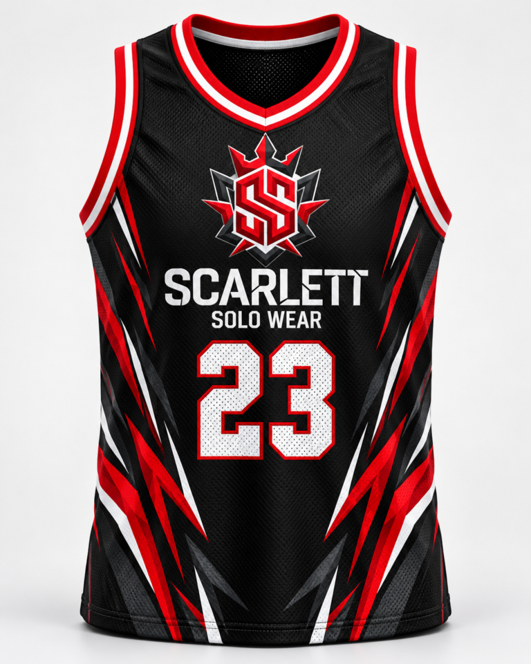 Scarlett Solo Wear custom basketball jersey and shorts front view