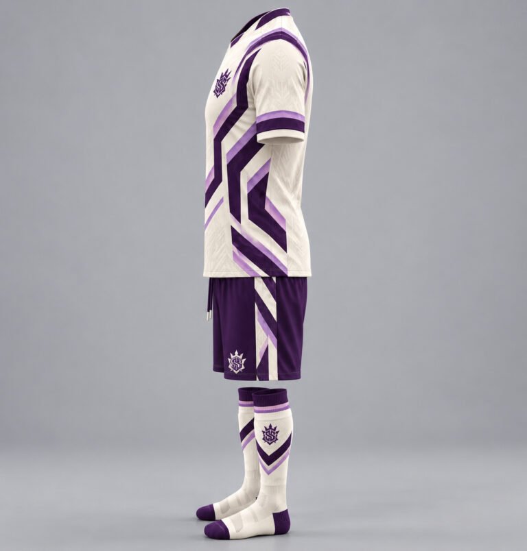Scarlett Solo Wear ivory and plum custom football kit front view